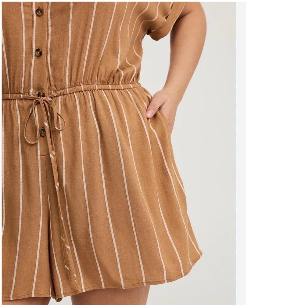 Torrid Brown White Striped Button Front Romper Women Plus Size 1 XL Short Sleeve - Picture 7 of 11